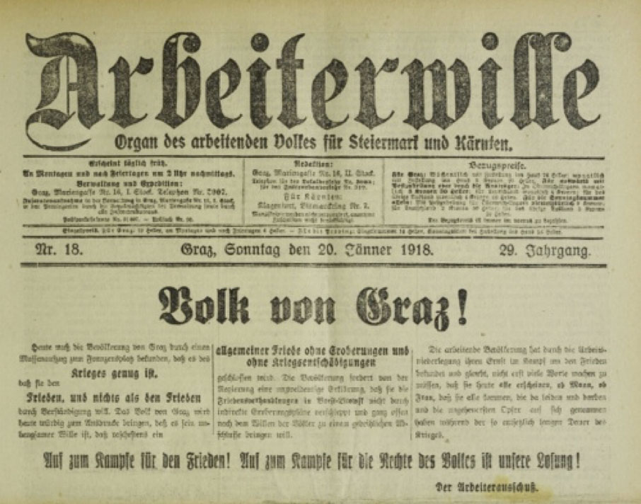Titelseite des „Arbeiterwille“ am 20. Jänner 1918.
