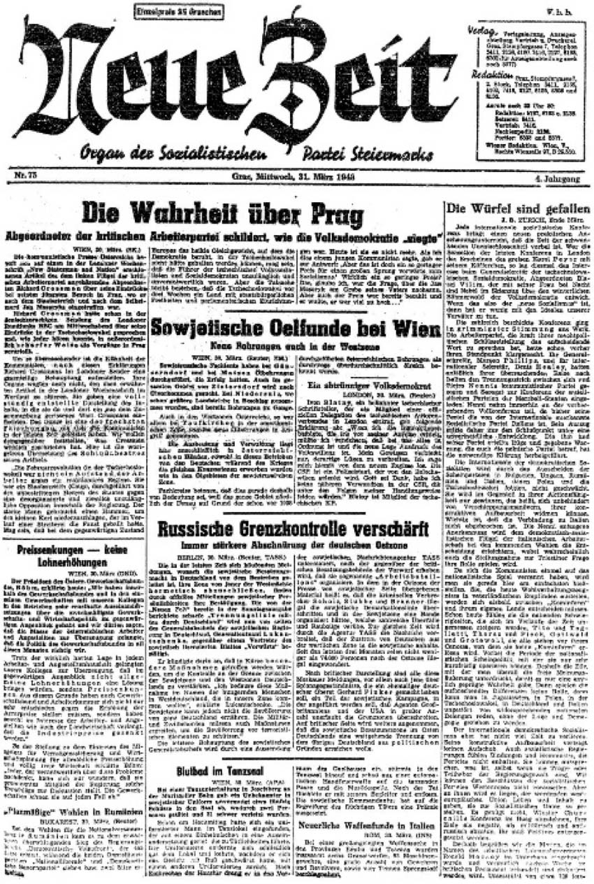 Das Titelblatt der „Neuen Zeit“ vom 31. März 1948